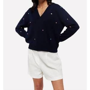 NEW BRODIE CASHMERE little pom millie v-neck jumper in navy